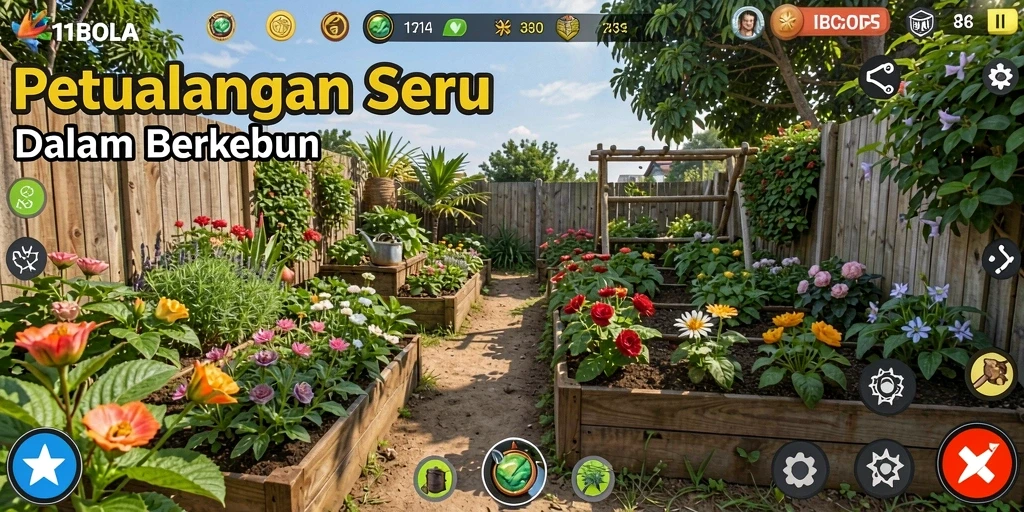 Screenshot utama 11BOLA menampilkan kebun yang subur dengan berbagai tanaman.