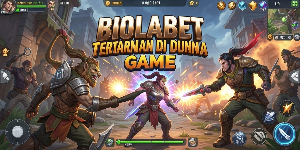 Screenshot utama BIOLABET menunjukkan pertarungan epik antar karakter.
