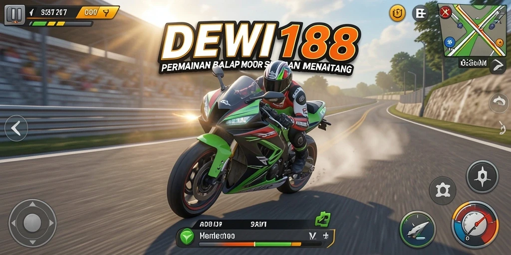 Tampilan gameplay DEWI188 dengan motor yang melaju cepat di lintasan balap.