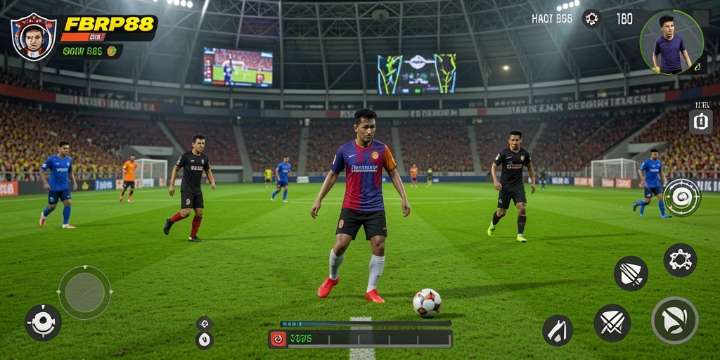 Screenshot gameplay <strong>FBRP88</strong> dengan aksi pertandingan sepak bola yang intens.