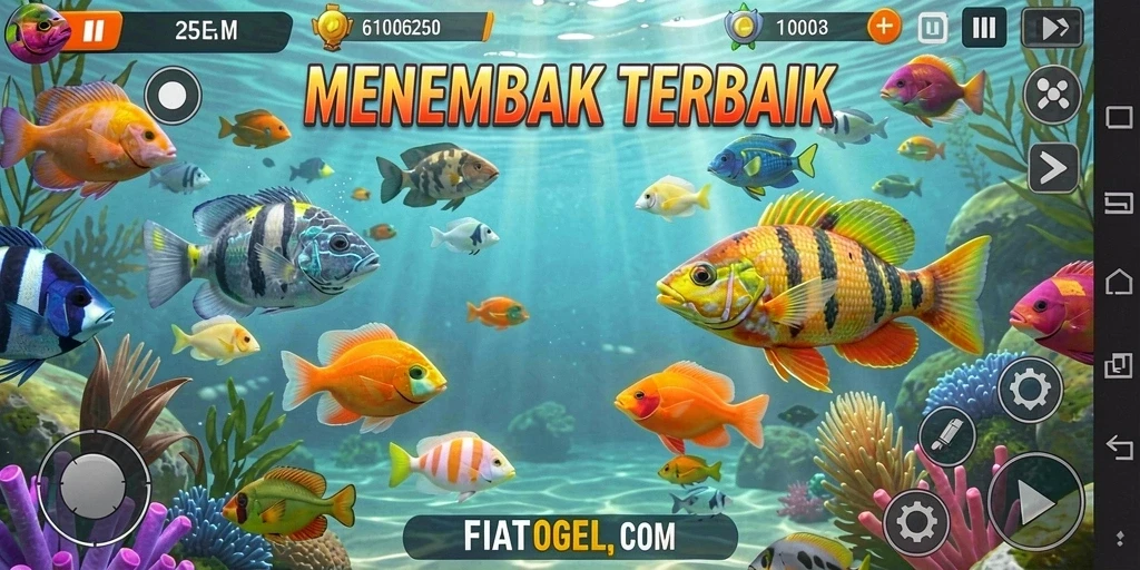 Tampilan gameplay FIATOGEL saat menembak ikan di lautan.
