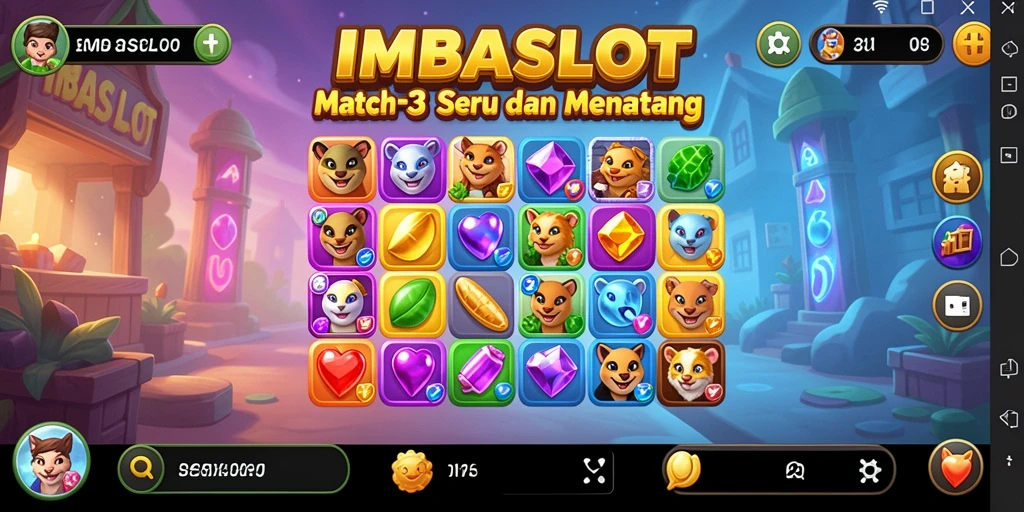Tampilan gameplay IMBASLOT dengan simbol match-3 yang berwarna-warni.
