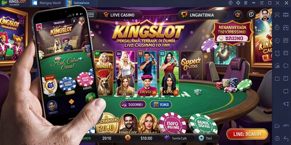 Screenshot gameplay KINGSLOT menunjukkan dealer langsung dan suasana kasino yang hidup.