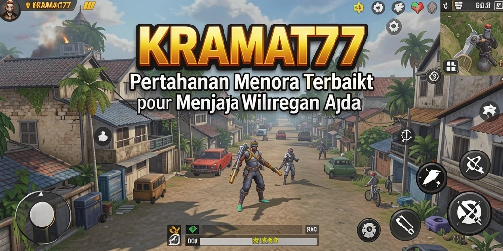 Tampilan gameplay KRAMAT77 dengan menara pertahanan yang megah.