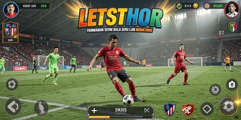 Tampilan gameplay LETSTHOR menampilkan aksi pertandingan sepak bola yang mendebarkan.