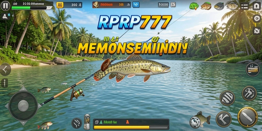 Tampilan gameplay RPRP777 saat memancing di laut yang indah.